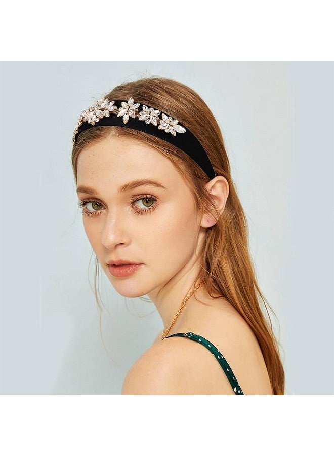 Campsis Rhinestone Hairbands Flower Wide Headbands Black Elastic Jeweled Headwear Prom Daily For Women - Image 2