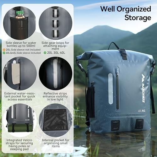 MARCHWAY Roll Top Waterproof Backpack Floating Dry Bag 20L30L45L with Ergonomic Rectangular Base Cushioned Back Hip Strap for Hiking Camping Kayaking Travel Grey 20L - Image 3