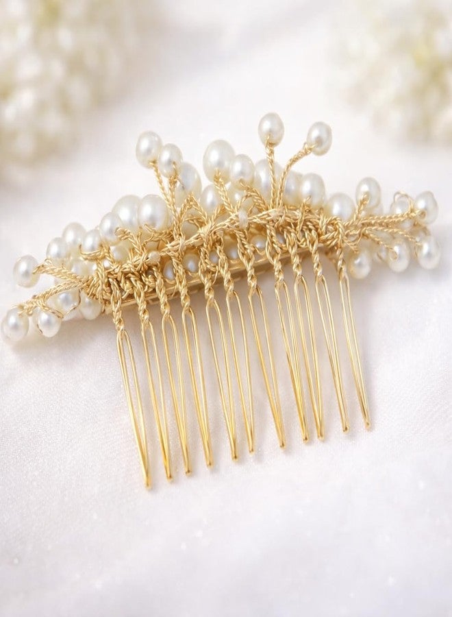 DHIMGU Pearl Bridal Hair Comb, Bridal Hair Pins, Bridesmaid Hair Pins, Juda Pins, Bun Comb, Floral Bridal Wedding Hair Accessory, Jewelry for Women, Gold Comb Hair Brooch, 1 pcs - Golden. - Image 3