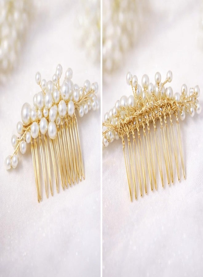 DHIMGU Pearl Bridal Hair Comb, Bridal Hair Pins, Bridesmaid Hair Pins, Juda Pins, Bun Comb, Floral Bridal Wedding Hair Accessory, Jewelry for Women, Gold Comb Hair Brooch, 1 pcs - Golden. - Image 4