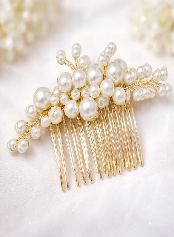 DHIMGU Pearl Bridal Hair Comb, Bridal Hair Pins, Bridesmaid Hair Pins, Juda Pins, Bun Comb, Floral Bridal Wedding Hair Accessory, Jewelry for Women, Gold Comb Hair Brooch, 1 pcs - Golden. - Image 1