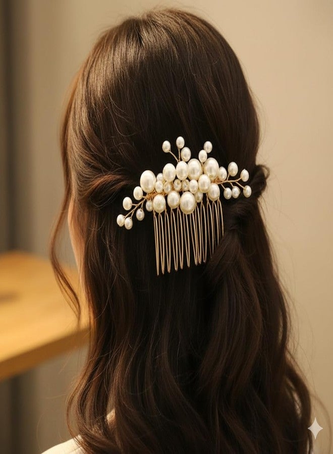 DHIMGU Pearl Bridal Hair Comb, Bridal Hair Pins, Bridesmaid Hair Pins, Juda Pins, Bun Comb, Floral Bridal Wedding Hair Accessory, Jewelry for Women, Gold Comb Hair Brooch, 1 pcs - Golden. - Image 2