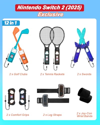 Nargos 2025 Nintendo Switch 2 Sports Accessories 12 in 1 Bundle Designed for Switch Sports Mario Golf Super Rush Mario Tennis Ace Just Dance Ring Fit Adventure Ideal Accessory for Nintendo Switch 2 Gamers Joy Con 2 Compatible Only for Switch 2 - Image 3