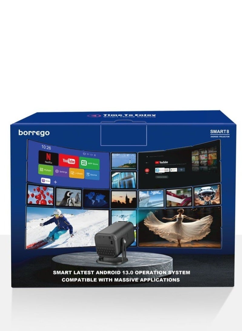 بوريغو Smart8 Portable Projector with Auto Keystone & Auto Focus, 300 ANSI Brightness, 200-Inch Display, Android 13 System, WiFi & Bluetooth, HDMI/USB Connectivity – Compact Smart Home Theater & Presentation Projector - Image 4