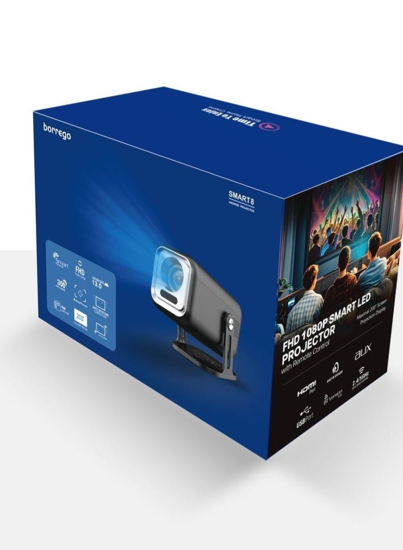 بوريغو Smart8 Portable Projector with Auto Keystone & Auto Focus, 300 ANSI Brightness, 200-Inch Display, Android 13 System, WiFi & Bluetooth, HDMI/USB Connectivity – Compact Smart Home Theater & Presentation Projector - Image 3