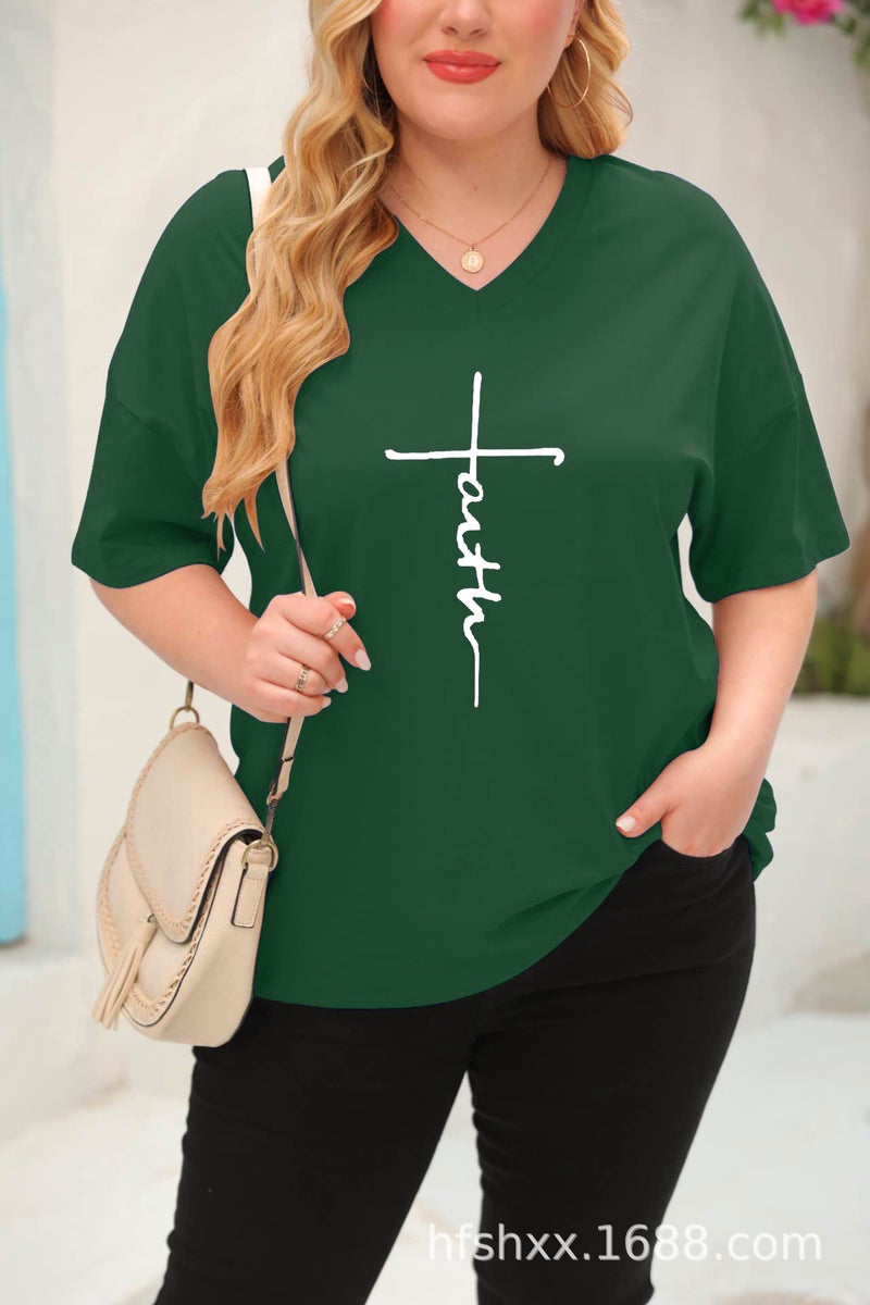 Popular Extra-Large Short-Sleeve V-Neck Casual T-Shirt With Faith Letter Print, Versatile And Trendy, Loose Fit - Image 1