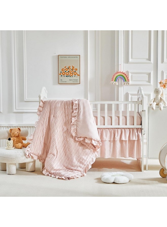 Flysheep 3 Pieces Tufted Stripes Crib Bedding Set with Ruffle Fringe, Pink Ruffled Comforter with Fitted Sheet and Bed Skirt, Soft and Embroidery Shabby Chic Boho Bohemian Jacquard Design for Baby Girls Boys - Image 3