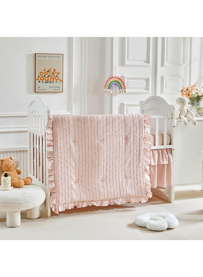 Flysheep 3 Pieces Tufted Stripes Crib Bedding Set with Ruffle Fringe, Pink Ruffled Comforter with Fitted Sheet and Bed Skirt, Soft and Embroidery Shabby Chic Boho Bohemian Jacquard Design for Baby Girls Boys - Image 2