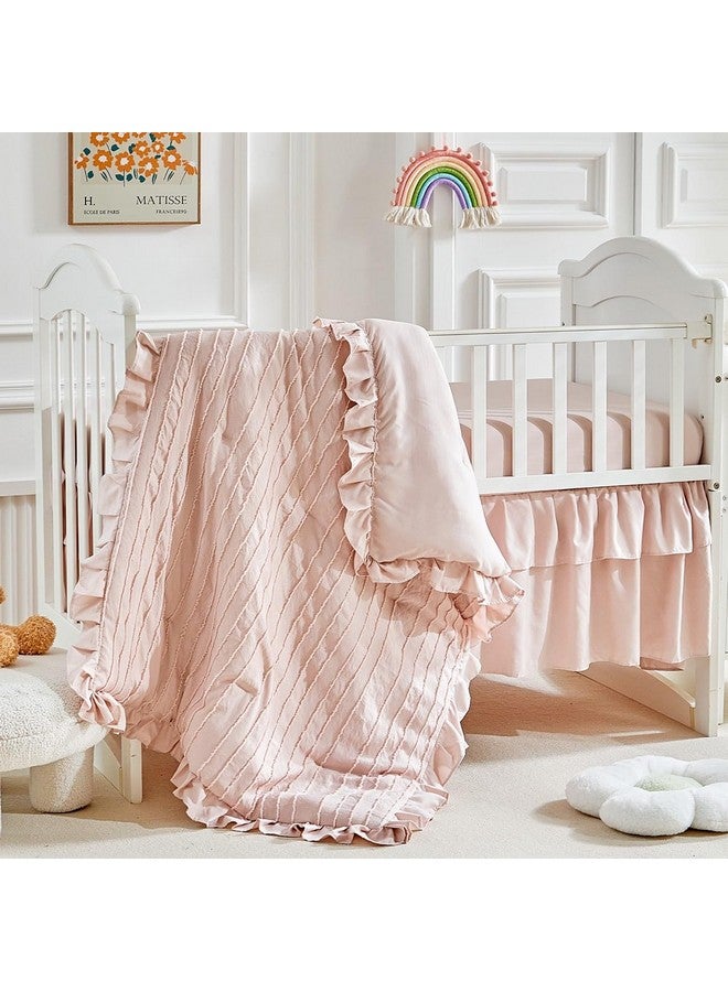 Flysheep 3 Pieces Tufted Stripes Crib Bedding Set with Ruffle Fringe, Pink Ruffled Comforter with Fitted Sheet and Bed Skirt, Soft and Embroidery Shabby Chic Boho Bohemian Jacquard Design for Baby Girls Boys - Image 1