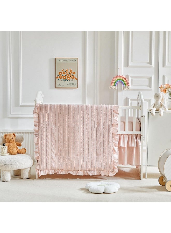 Flysheep 3 Pieces Tufted Stripes Crib Bedding Set with Ruffle Fringe, Pink Ruffled Comforter with Fitted Sheet and Bed Skirt, Soft and Embroidery Shabby Chic Boho Bohemian Jacquard Design for Baby Girls Boys - Image 4