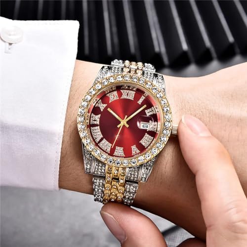 SENRUD Men's Diamond Watch Fashion Crystal Rhinestone Quartz Analog Watch Iced-Out Bracelet Wrist Watch (Two Tone/Red) - Image 5