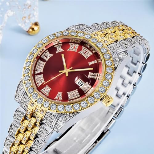 SENRUD Men's Diamond Watch Fashion Crystal Rhinestone Quartz Analog Watch Iced-Out Bracelet Wrist Watch (Two Tone/Red) - Image 3