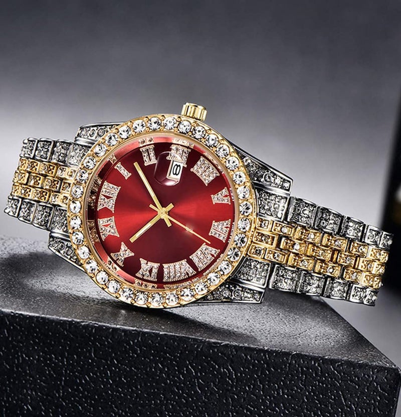 SENRUD Men's Diamond Watch Fashion Crystal Rhinestone Quartz Analog Watch Iced-Out Bracelet Wrist Watch (Two Tone/Red) - Image 4