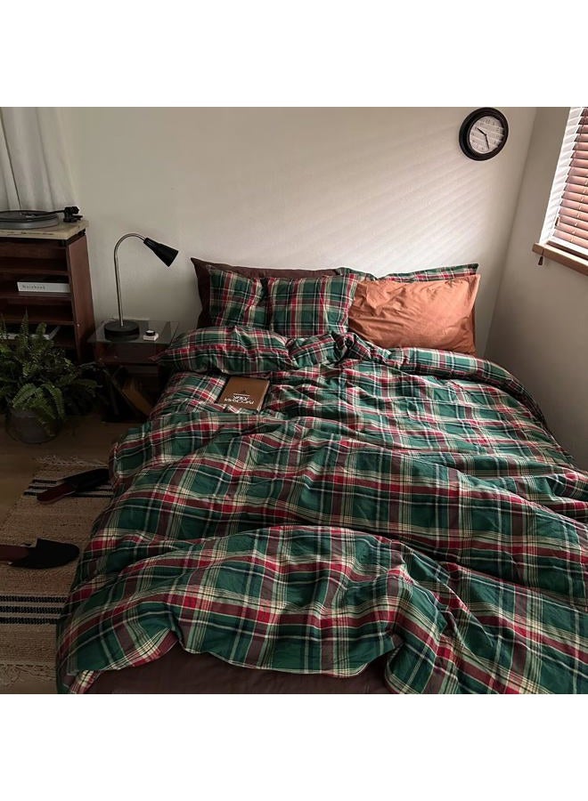 MKXI Vintage Buffalo Plaid Duvet Cover Set 3-Piece | 100% Washed Cotton Reversible Bedding Green/Red Checkered Queen Size with Zipper & Corner Ties Farmhouse & Shabby Chic Design - Image 1