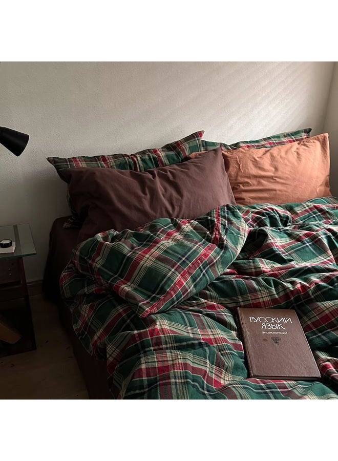 MKXI Vintage Buffalo Plaid Duvet Cover Set 3-Piece | 100% Washed Cotton Reversible Bedding Green/Red Checkered Queen Size with Zipper & Corner Ties Farmhouse & Shabby Chic Design - Image 2