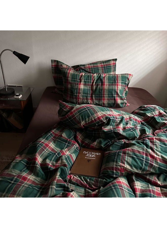 MKXI Vintage Buffalo Plaid Duvet Cover Set 3-Piece | 100% Washed Cotton Reversible Bedding Green/Red Checkered Queen Size with Zipper & Corner Ties Farmhouse & Shabby Chic Design - Image 3
