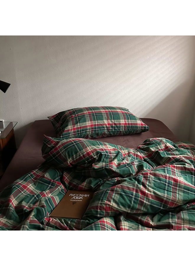 MKXI Vintage Buffalo Plaid Duvet Cover Set 3-Piece | 100% Washed Cotton Reversible Bedding Green/Red Checkered Queen Size with Zipper & Corner Ties Farmhouse & Shabby Chic Design - Image 4