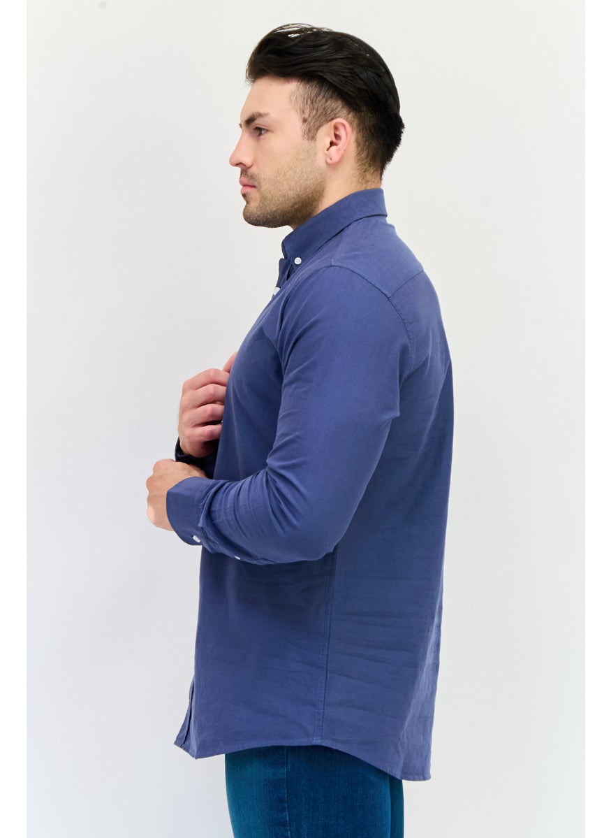 Algspar Men Regular Fit Long Sleeves Plain Casual Shirt, Navy  - Image 2