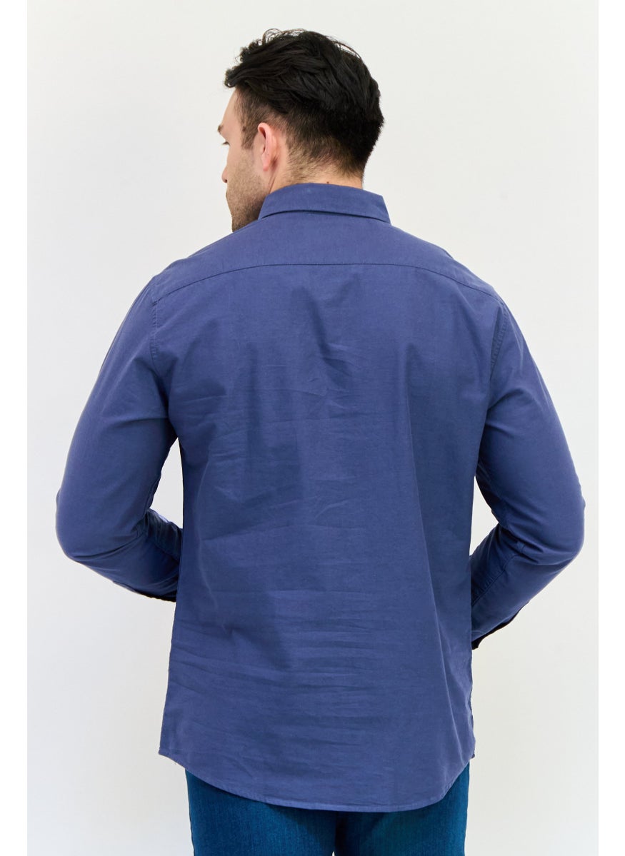 Algspar Men Regular Fit Long Sleeves Plain Casual Shirt, Navy  - Image 3