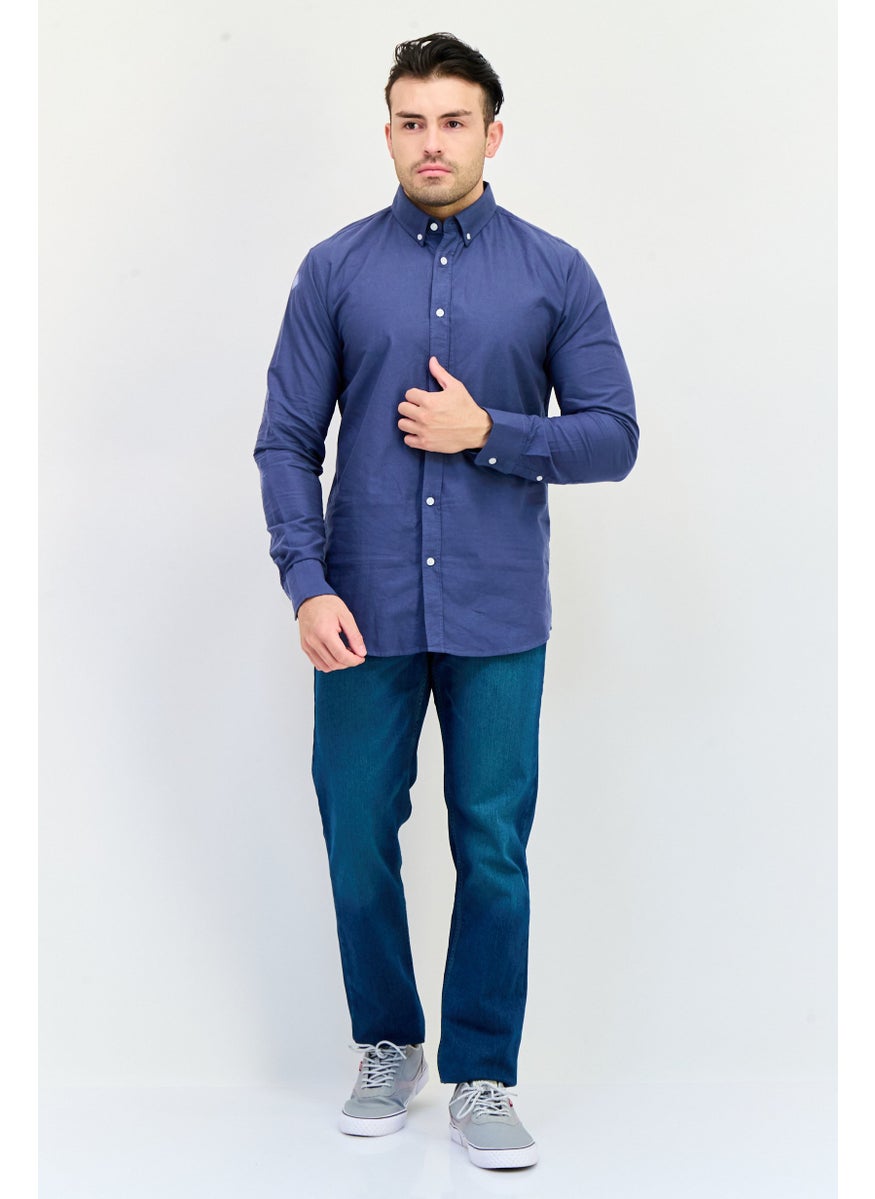 Algspar Men Regular Fit Long Sleeves Plain Casual Shirt, Navy  - Image 4