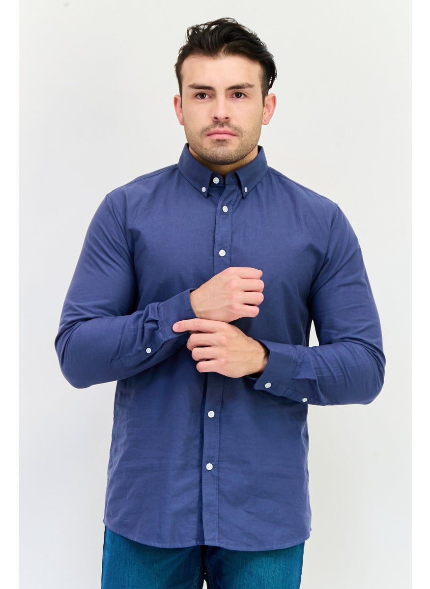 Algspar Men Regular Fit Long Sleeves Plain Casual Shirt, Navy  - Image 1