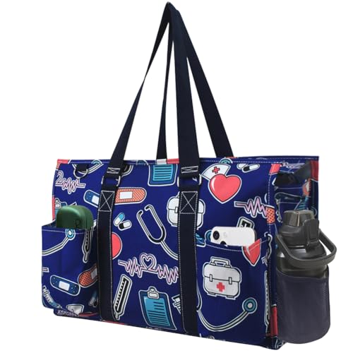 NGIL Zip-Top Tote Bag with Exterior Pockets for Working Women, Teachers, Nurses, and Moms, Design in USA (NGIL Zip-Nurse Theme-navy) - Image 1