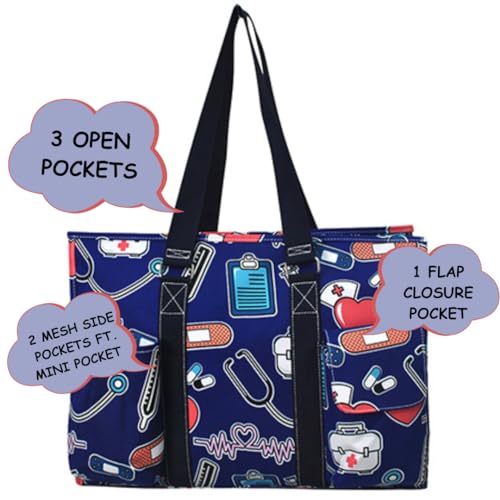 NGIL Zip-Top Tote Bag with Exterior Pockets for Working Women, Teachers, Nurses, and Moms, Design in USA (NGIL Zip-Nurse Theme-navy) - Image 2