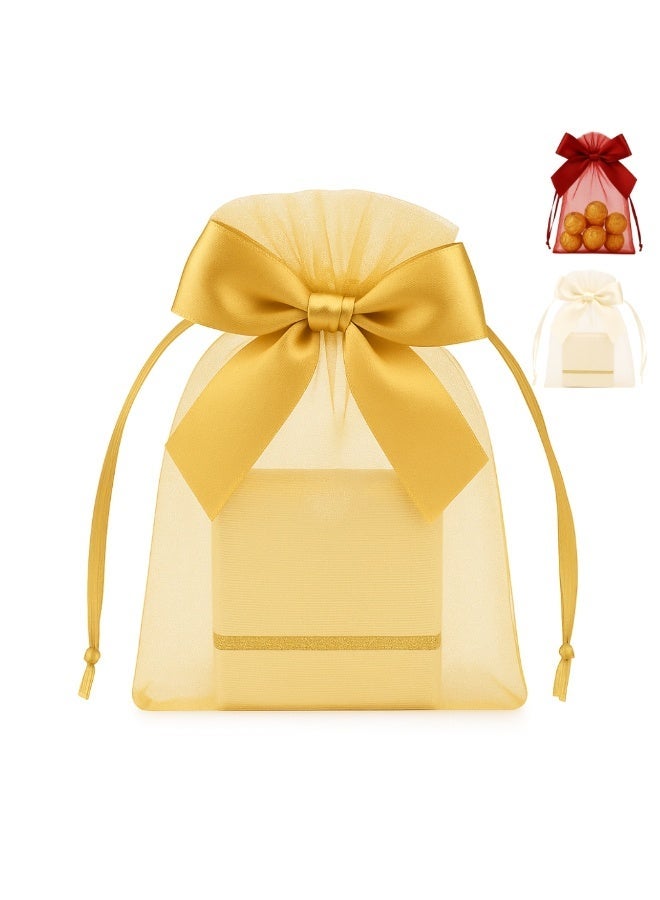 تصميم زينس ٢٥ كيس هدايا من الأورغانزا باللون الذهبي مع شريطة – مقاس ١٠×١٥ سم | أكياس برباط وشريطة ساتان لحفلات الزفاف، عيد الحب والعيد (ذهبي) - Image 1