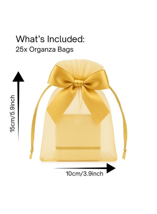 تصميم زينس ٢٥ كيس هدايا من الأورغانزا باللون الذهبي مع شريطة – مقاس ١٠×١٥ سم | أكياس برباط وشريطة ساتان لحفلات الزفاف، عيد الحب والعيد (ذهبي) - Image 3