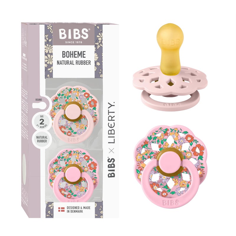 BIBS Boheme Liberty Pacifier 2-Pack. BPA Free Pacifiers, Round Nipple. Natural Rubber Latex, Made in Denmark. Size 2 (6-18 Months), Blossom/Baby Pink