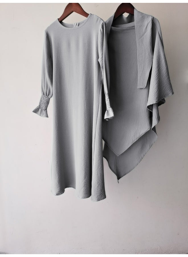 New Ruffled Hem Solid Color Wave Pattern Shift Dress with Round Neck