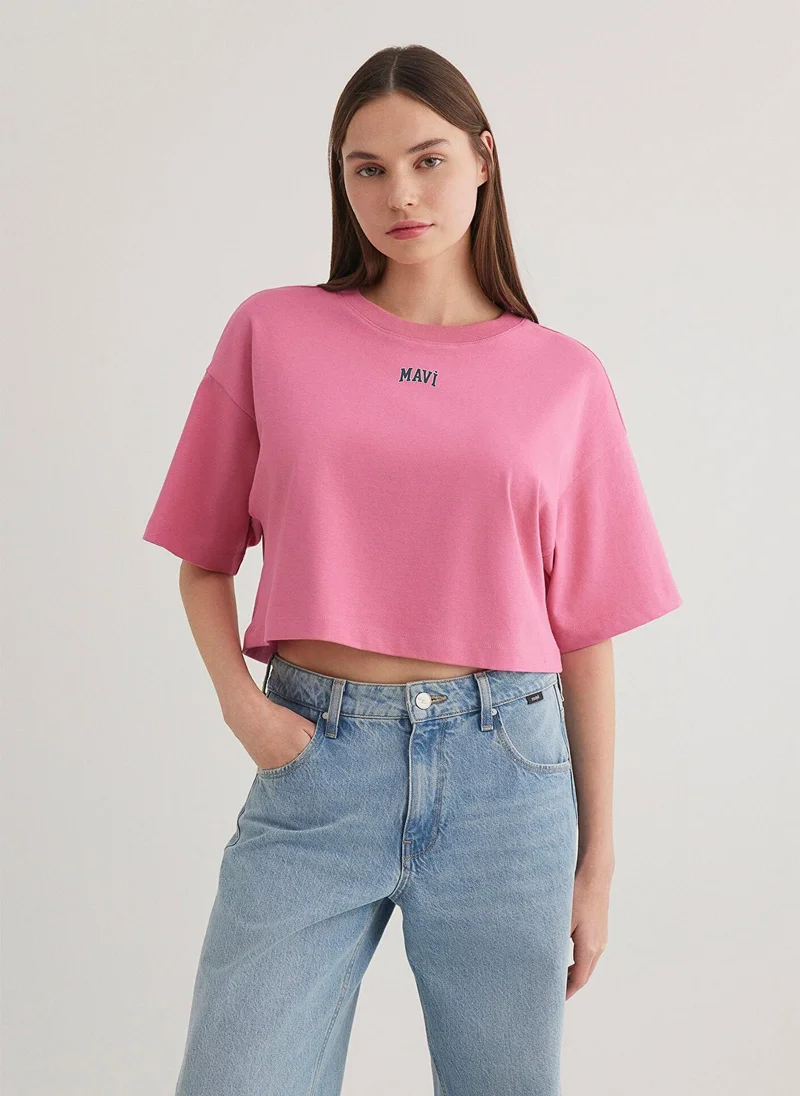 MAVI Mavi Logo Printed Pink Crop T-Shirt