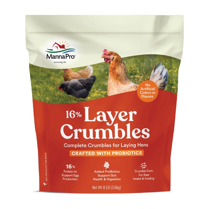 Manna Pro Chicken Feed, 16% Protein Layer Crumbles with Probiotics for Digestive Health, Complete Feed for Laying Hens to Support Egg Production, Nutrient-Rich Chicken Food, Made in USA, 8 lb Bag - Image 1