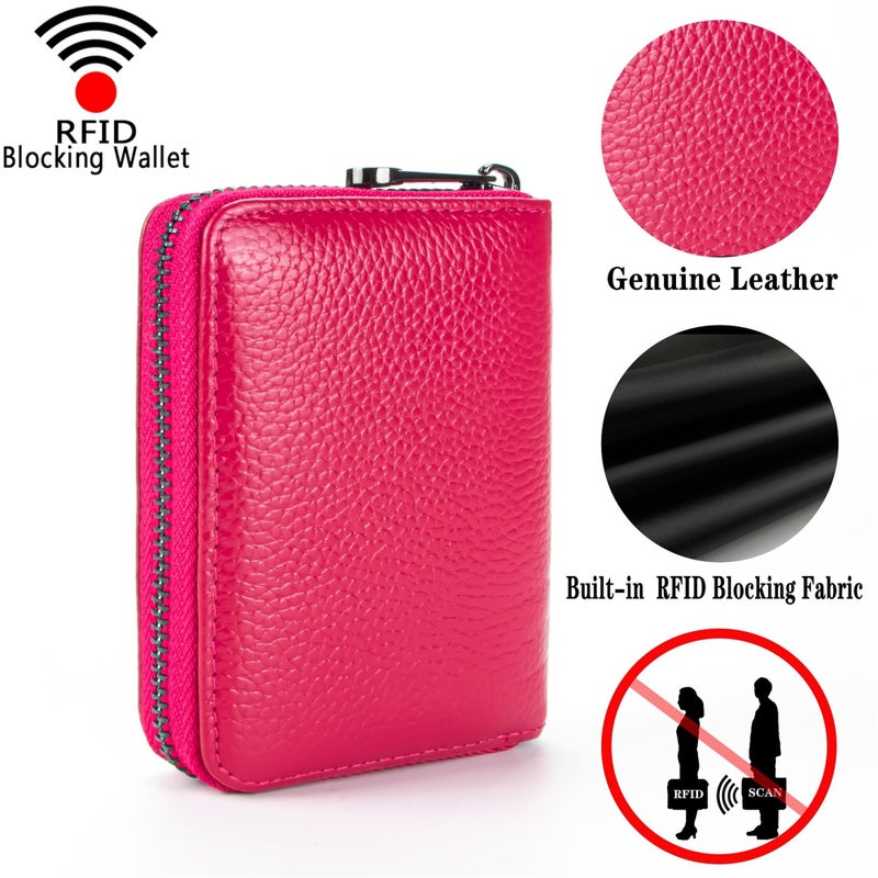 Suweibuke Genuine Leather Credit Card Holder Zipper Wallet RFID Blocking Secure Card Case ID Case Organizer (Rose Red) - Image 4