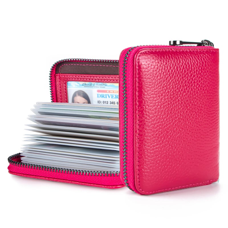 Suweibuke Genuine Leather Credit Card Holder Zipper Wallet RFID Blocking Secure Card Case ID Case Organizer (Rose Red) - Image 1
