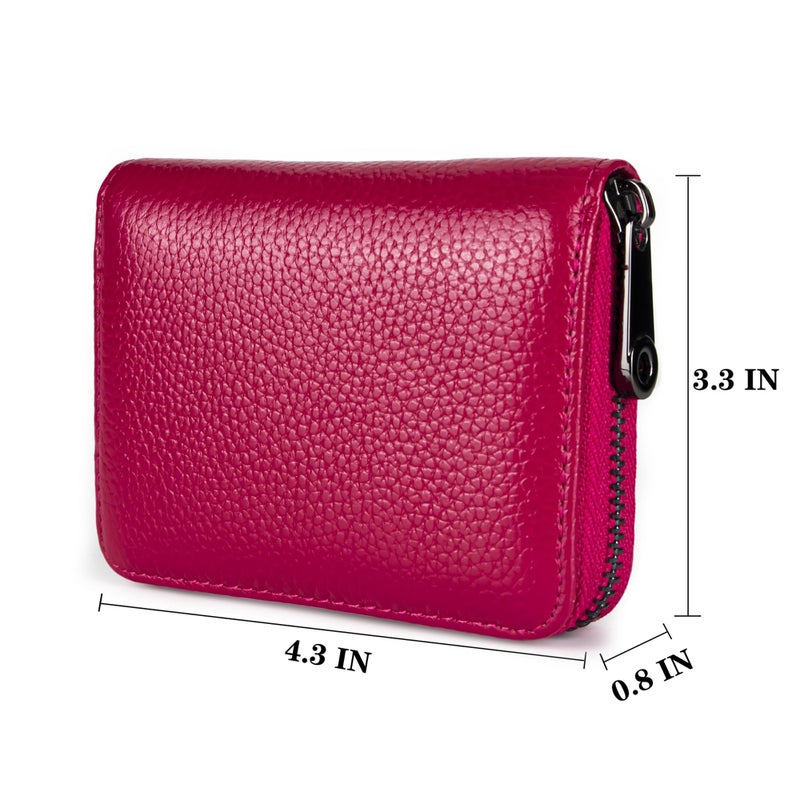 Suweibuke Genuine Leather Credit Card Holder Zipper Wallet RFID Blocking Secure Card Case ID Case Organizer (Rose Red) - Image 3