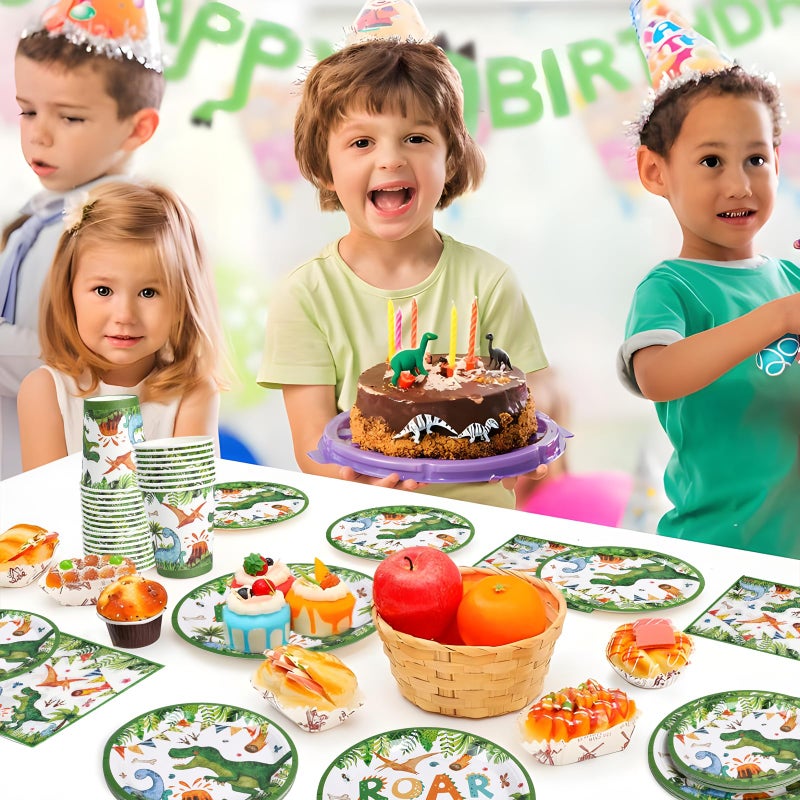 QIFU 96Pcs Dinosaur Birthday Party Supplies -24 Guest Dino Plates Cups and Napkins For Boys Kids three rex Birthday decorations Baby Shower - Image 3