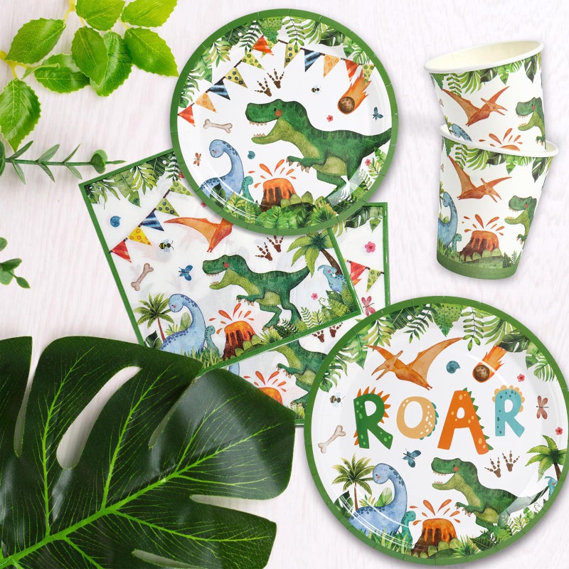 QIFU 96Pcs Dinosaur Birthday Party Supplies -24 Guest Dino Plates Cups and Napkins For Boys Kids three rex Birthday decorations Baby Shower - Image 4