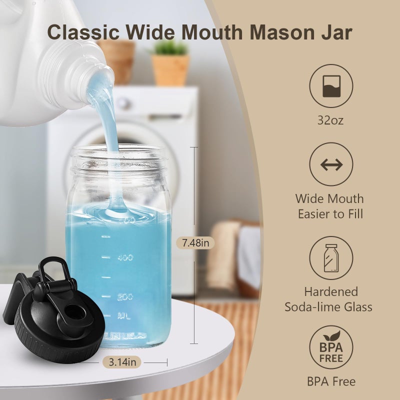 AoeJarry 32oz Mason Jar with Lid - 2Pack No Leak Airtight Mason Jar with Pour Spout Lid Perfect for Fridge, Wide Mouth Easy to Clean, Ideal for Coffee, Breastmilk, Iced & Sun Tea, Juices - Image 2