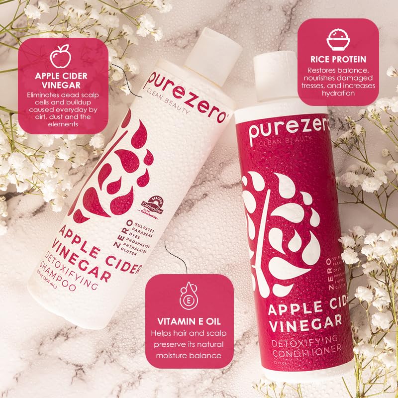 Purezero Apple Cider Vinegar Shampoo & Conditioner Set - Detox Scalp & Hair - pH balanced -Increase Hydration - Zero Sulfates, Parabens, Dyes - 100% Vegan & Cruelty Free - Great For Color Treated Hair - Image 3
