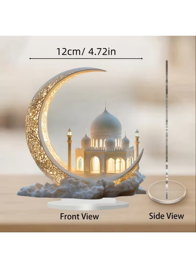 ميون قطعة ديكور ثنائية الأبعاد على شكل هلال - قطعة ديكور أنيقة من الأكريليك، تُضفي لمسة جمالية على الأسطح ثنائية الأبعاد، وتتميز بتصميم هلالي متقن وزخارف معمارية إسلامية ذهبية. تُعد هذه الهدية متعددة الاستخدامات مثالية لعيد الأم، أو عيد الفطر، أو لتزيين المنزل أو المكتب. - Image 2