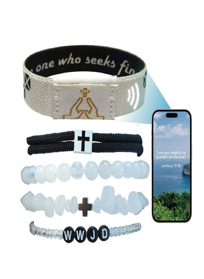 Fancypost 5PC Bible Verse Bracelets，WWJD Christian Scripture Elastic Scan Wristbands，Crystal Cross Faith Beads Bracelet，Braided Rope Handchain Jewelry for Women Men (White) - Image 1
