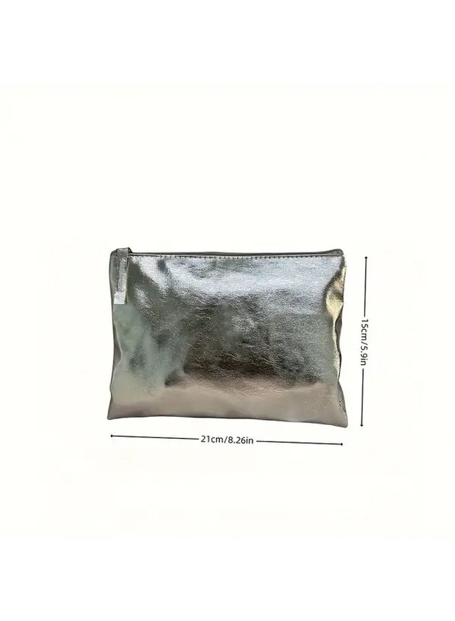 Silver Large Capacity Makeup Bag With Golden Zipper For Women Travel - Image 4