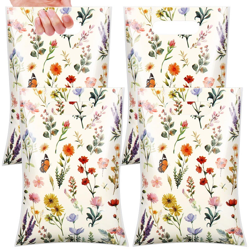 Bulyoou 100 Pcs Wildflower Gift Bags Vintage Wildflower Party Favor Bag with Handle Plastic Goodie Candy Treat Gift Wrapping for Wedding Baby Shower Birthday Party Favors Supplies (Retro) - Image 1