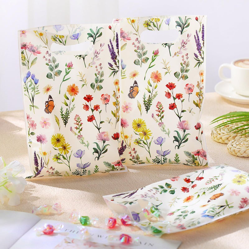 Bulyoou 100 Pcs Wildflower Gift Bags Vintage Wildflower Party Favor Bag with Handle Plastic Goodie Candy Treat Gift Wrapping for Wedding Baby Shower Birthday Party Favors Supplies (Retro) - Image 4