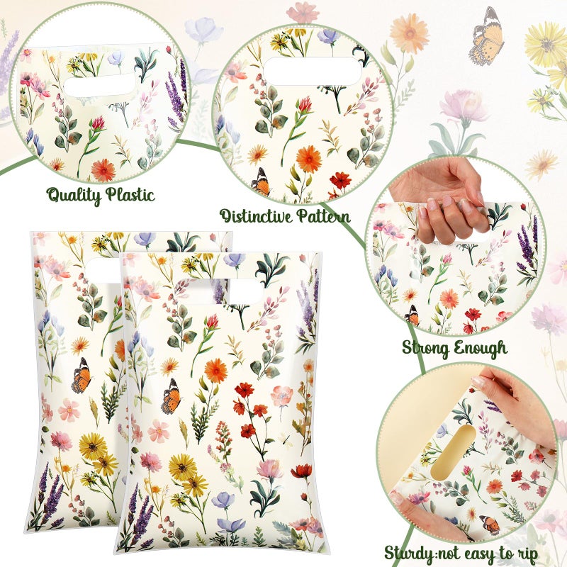 Bulyoou 100 Pcs Wildflower Gift Bags Vintage Wildflower Party Favor Bag with Handle Plastic Goodie Candy Treat Gift Wrapping for Wedding Baby Shower Birthday Party Favors Supplies (Retro) - Image 2