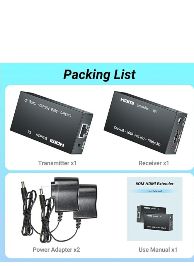 Generic - HDMI Extender, 1080P HDMI Transmitter and Receiver Up to 60 Meters(196ft), HDMI Ethernet Sender Repeater Over Singal RJ45 Cat5e/Cat6/Cat7 Ethernet LAN Cable, HDMI to RJ45 and RJ45 to HDMI Transmitter - Image 1
