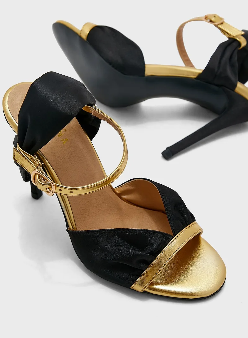 Khizana V Detail Metallic Trim Satin Ankle Strap Sandal