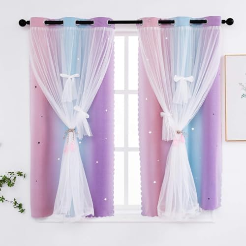 Yancorp Curtains for Girls Bedroom Kids Room Curtain Colorful Window Nursery Curtain 63 inches Length Room Darkening Grommet 2 Layers (Pink Purple, W34 X L63) - Image 2