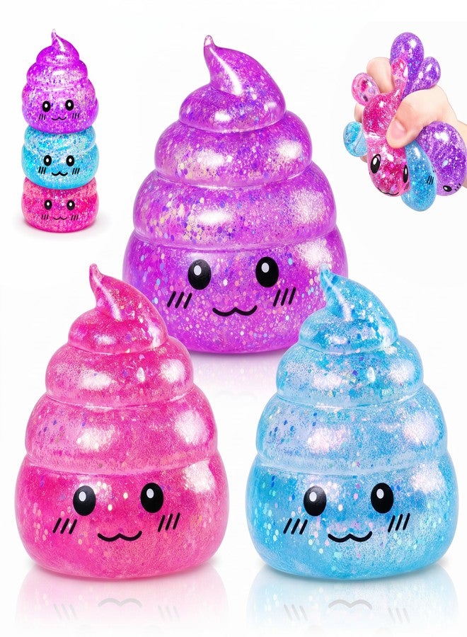 EVDERS 3 Pack Novelty Squishy Poop Stress Balls, 3 Colors Glitter Poops Sensory Joke Prank Toys Anxiety Relief Squeeze Fidget Toy Funny Poop Shape Autism Toy for Adults Teens Kids Party Favor - Image 1